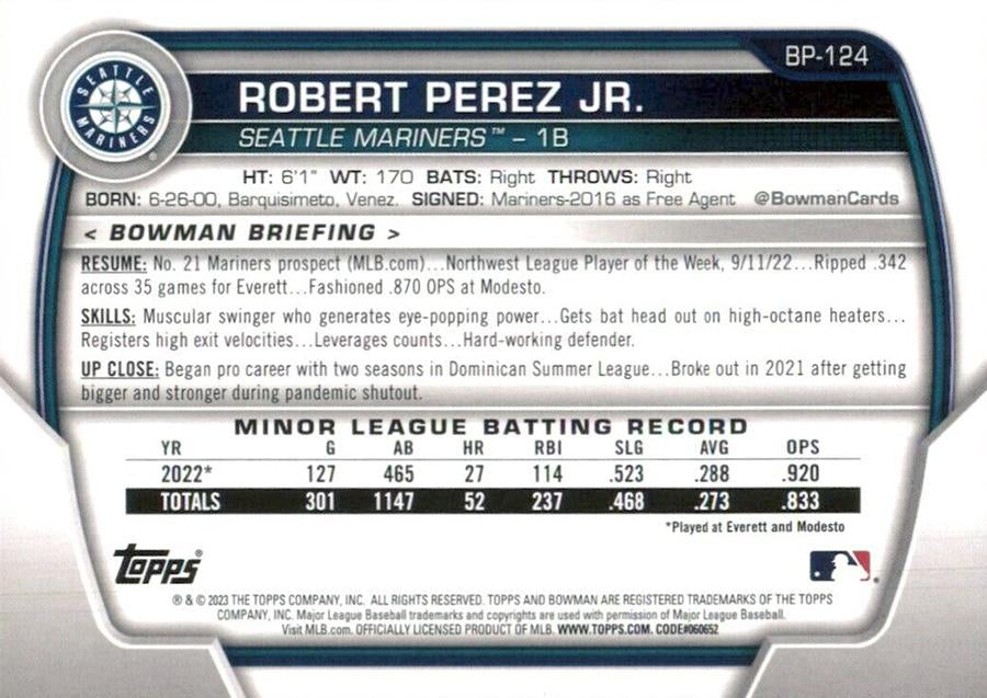 2023 Bowman Prospects 1st Bowman Robert Perez Jr. FBC BP-124 Seattle Mariners