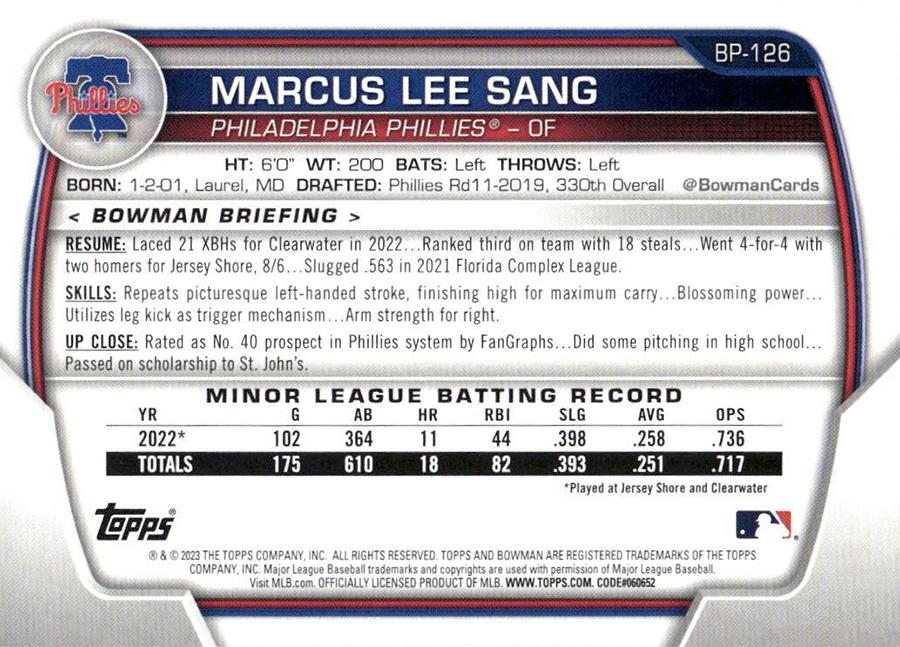 2023 Bowman Prospects 1st Bowman Marcus Lee Sang FBC BP-126 Philadelphia Phillies
