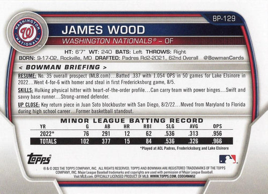 2023 Bowman Prospects James Wood BP-129 Washington Nationals