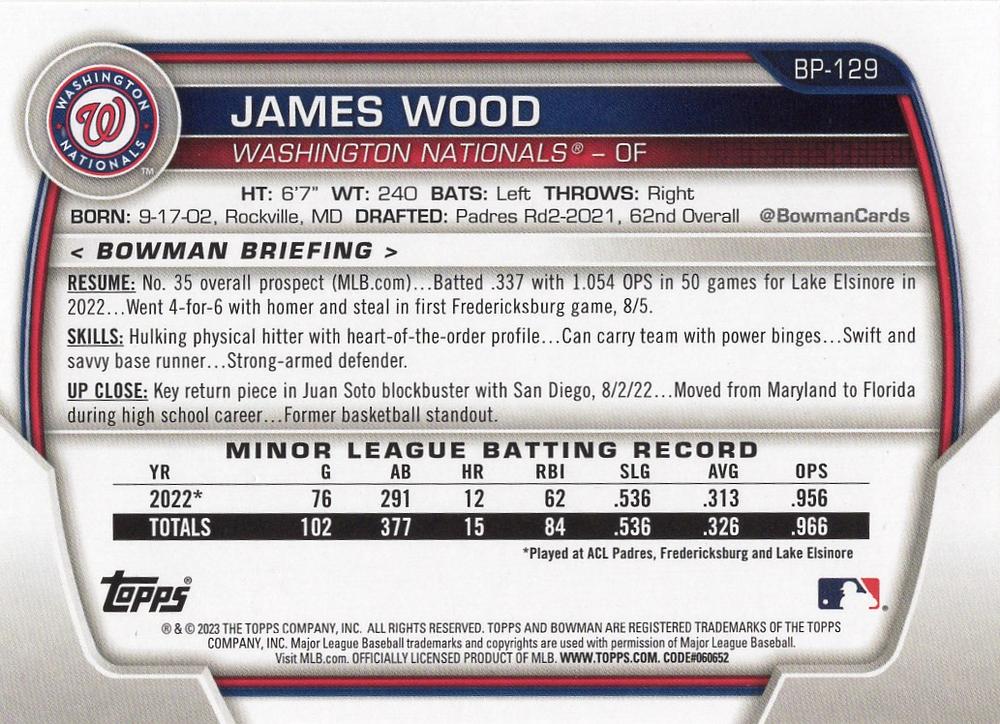 2023 Bowman Prospects James Wood BP-129 Washington Nationals