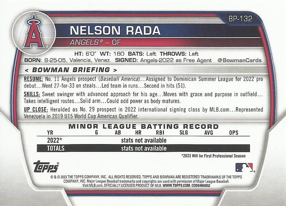 2023 Bowman Prospects 1st Bowman Nelson Rada FBC BP-132 Angels