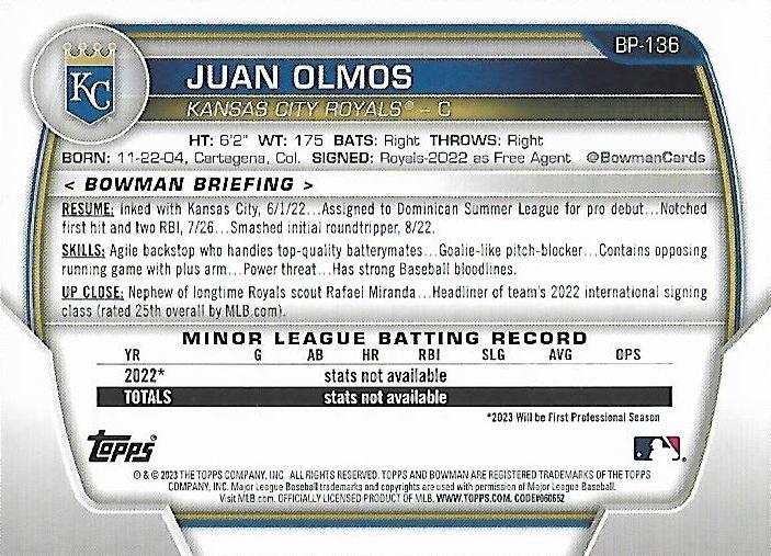 2023 Bowman Prospects 1st Bowman Juan Olmos FBC BP-136 Kansas City Royals
