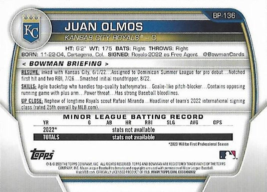 2023 Bowman Prospects 1st Bowman Juan Olmos FBC BP-136 Kansas City Royals
