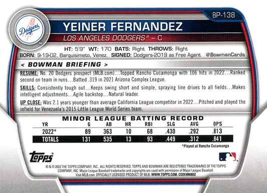 2023 Bowman Prospects 1st Bowman Yeiner Fernandez FBC BP-138 Los Angeles Dodgers