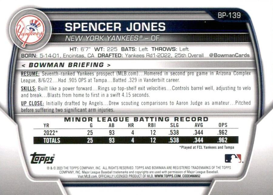 2023 Bowman Prospects 1st Bowman Spencer Jones FBC BP-139 New York Yankees
