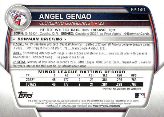 2023 Bowman Prospects 1st Bowman Angel Genao FBC BP-140 Cleveland Guardians