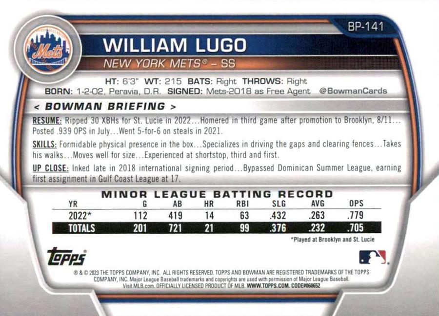 2023 Bowman Prospects 1st Bowman William Lugo FBC BP-141 New York Mets