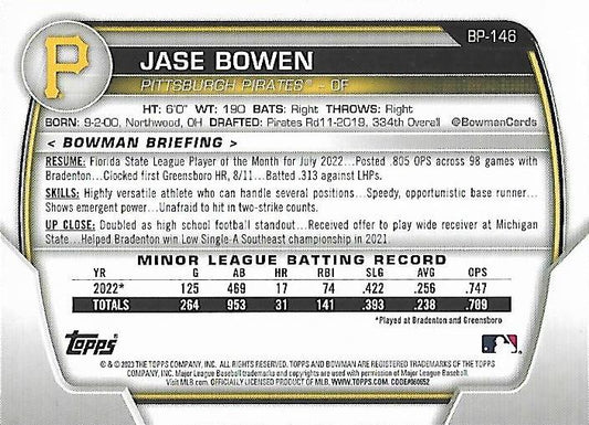 2023 Bowman Prospects 1st Bowman Jase Bowen FBC BP-146 Pittsburgh Pirates