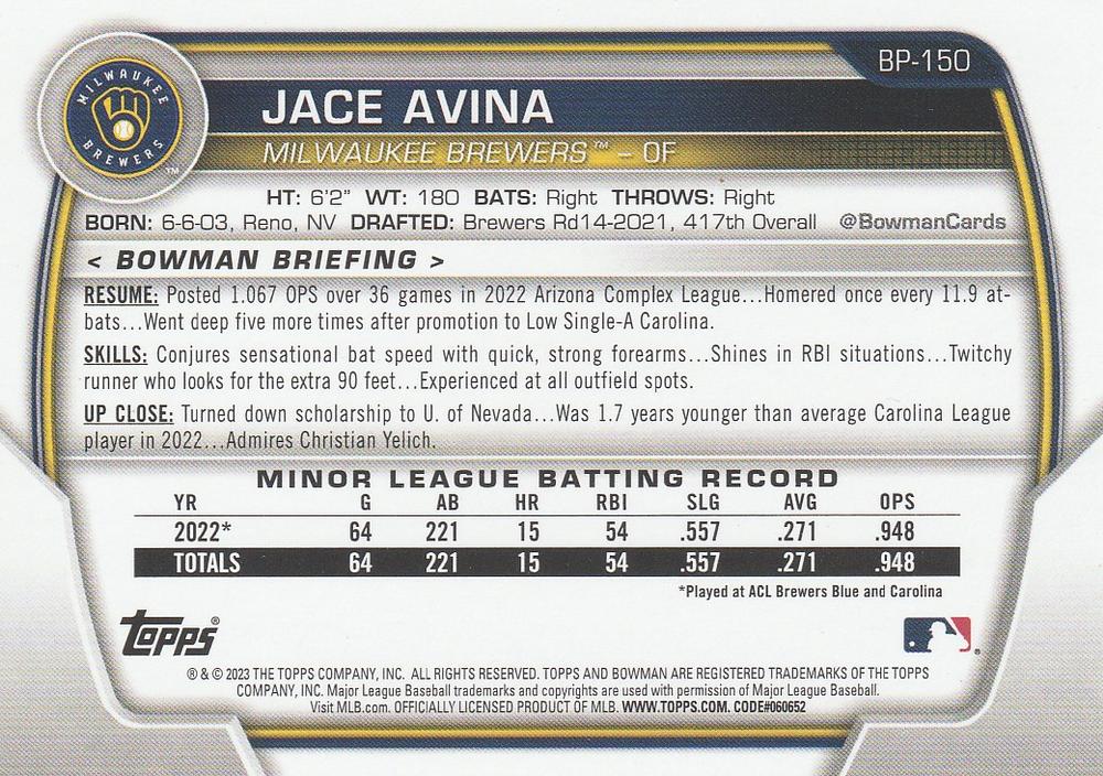 2023 Bowman Prospects 1st Bowman Jace Avina FBC BP-150 Milwaukee Brewers