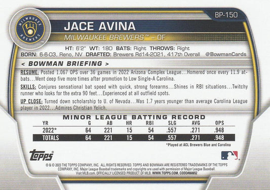 2023 Bowman Prospects 1st Bowman Jace Avina FBC BP-150 Milwaukee Brewers