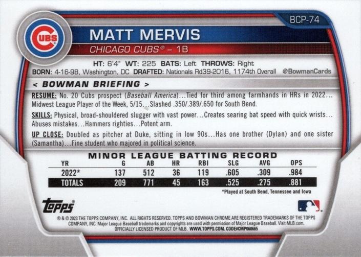 2023 Bowman Chrome Prospects Matt Mervis BCP-74 Chicago Cubs