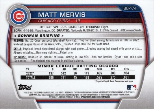 2023 Bowman Chrome Prospects Matt Mervis BCP-74 Chicago Cubs