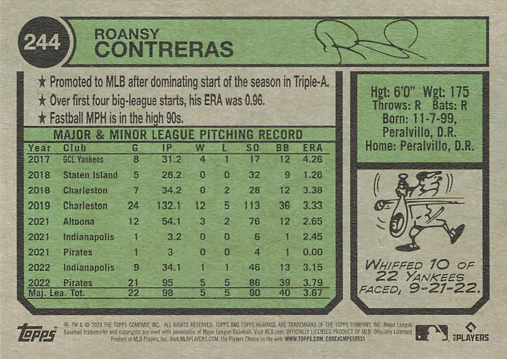2023 Topps Heritage Roansy Contreras #244 Pittsburgh Pirates