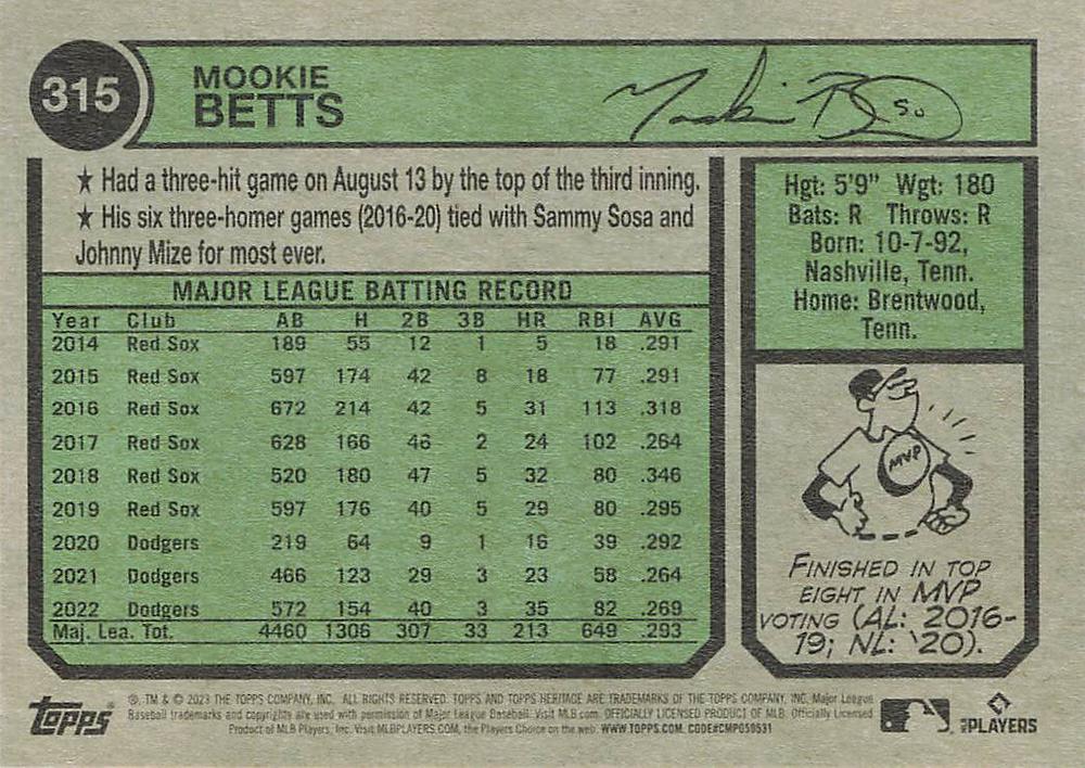 2023 Topps Heritage Mookie Betts #315 Los Angeles Dodgers