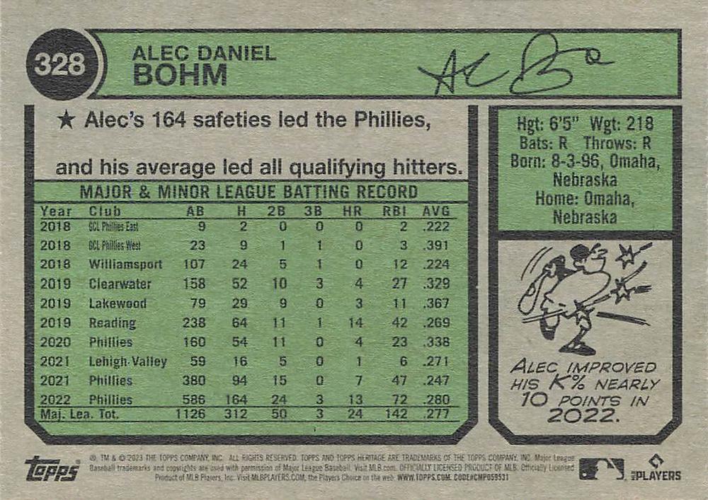 2023 Topps Heritage Alec Bohm #328 Philadelphia Phillies