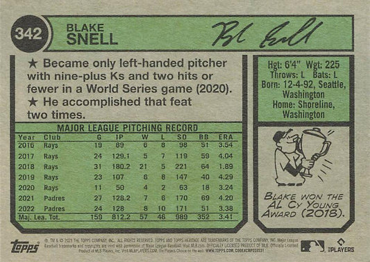 2023 Topps Heritage Blake Snell #342 San Diego Padres