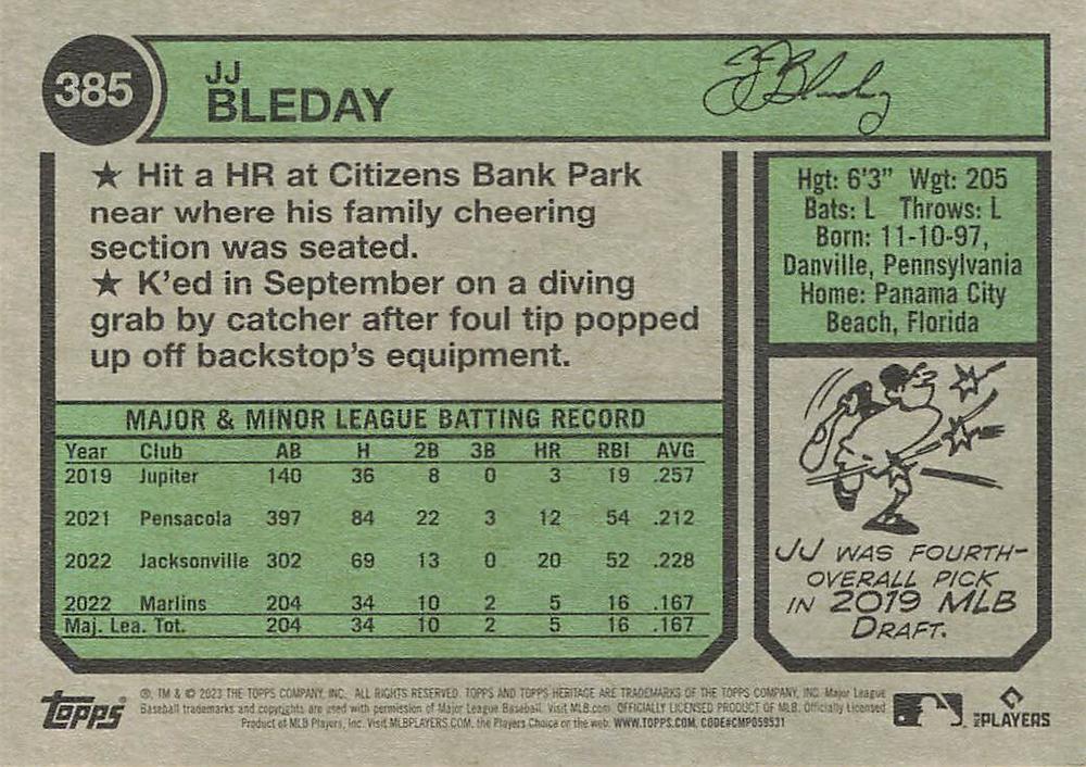 2023 Topps Heritage JJ Bleday RC #385 Miami Marlins