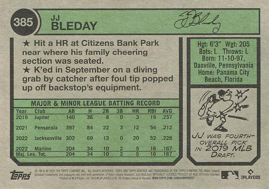 2023 Topps Heritage JJ Bleday RC #385 Miami Marlins