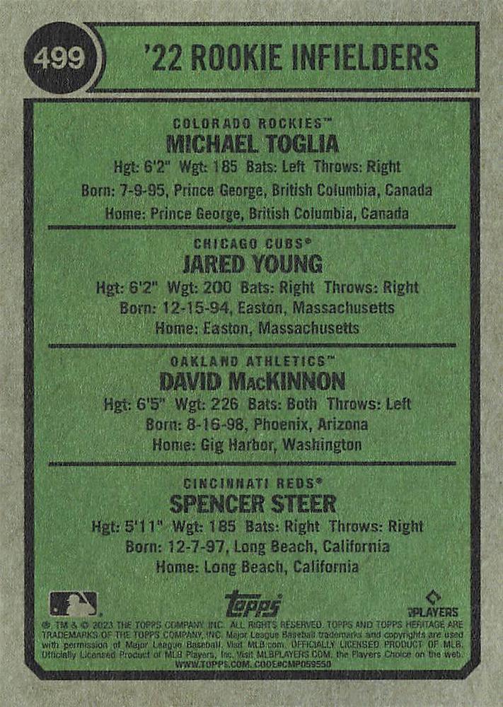 2023 Topps Heritage Spencer Steer RC / David MacKinnon RC / Michael Toglia RC / Jared Young RC RS,RC,SP #499 Cincinnati Reds