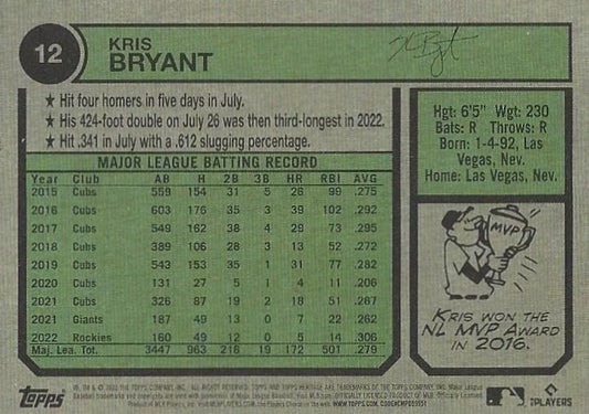 2023 Topps Heritage Chrome Kris Bryant #12 Colorado Rockies