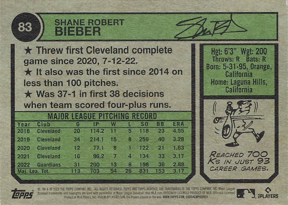 2023 Topps Heritage Chrome Shane Bieber #83 Cleveland Guardians