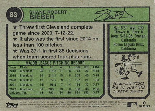 2023 Topps Heritage Chrome Shane Bieber #83 Cleveland Guardians