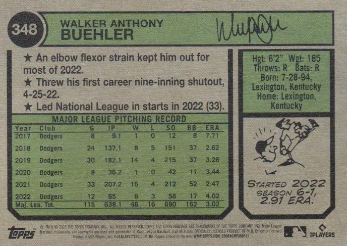 2023 Topps Heritage Chrome Walker Buehler #348 Los Angeles Dodgers