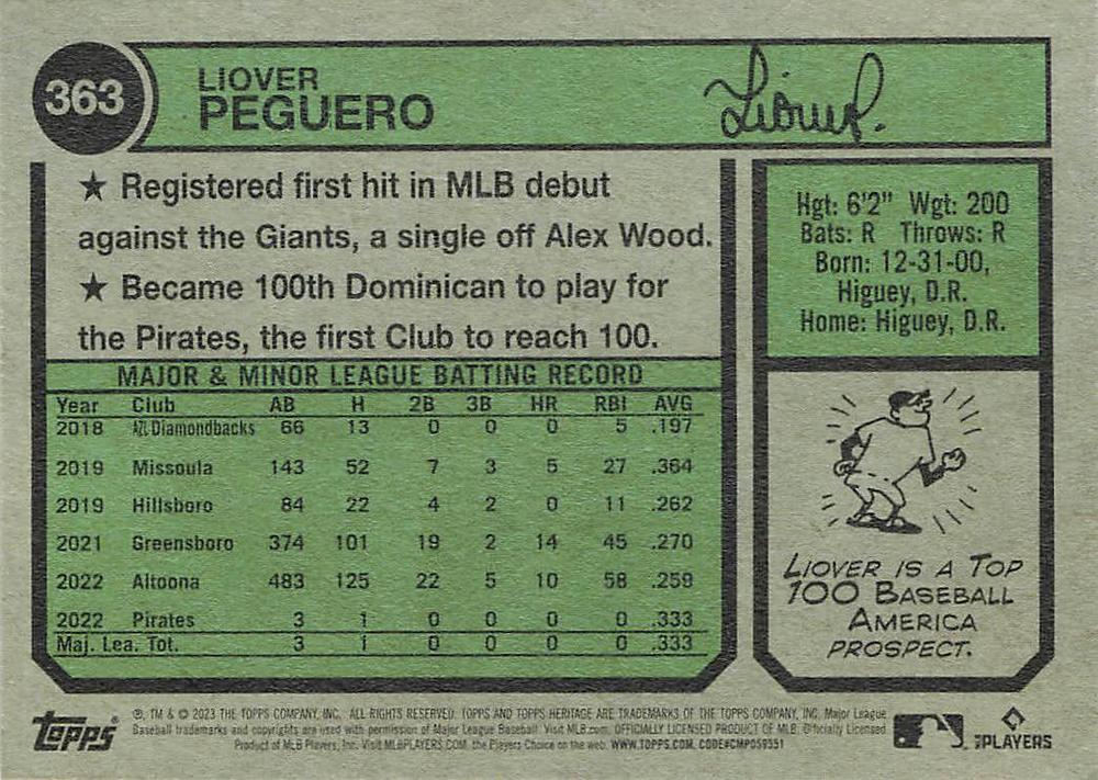 2023 Topps Heritage Chrome Liover Peguero #363 Pittsburgh Pirates