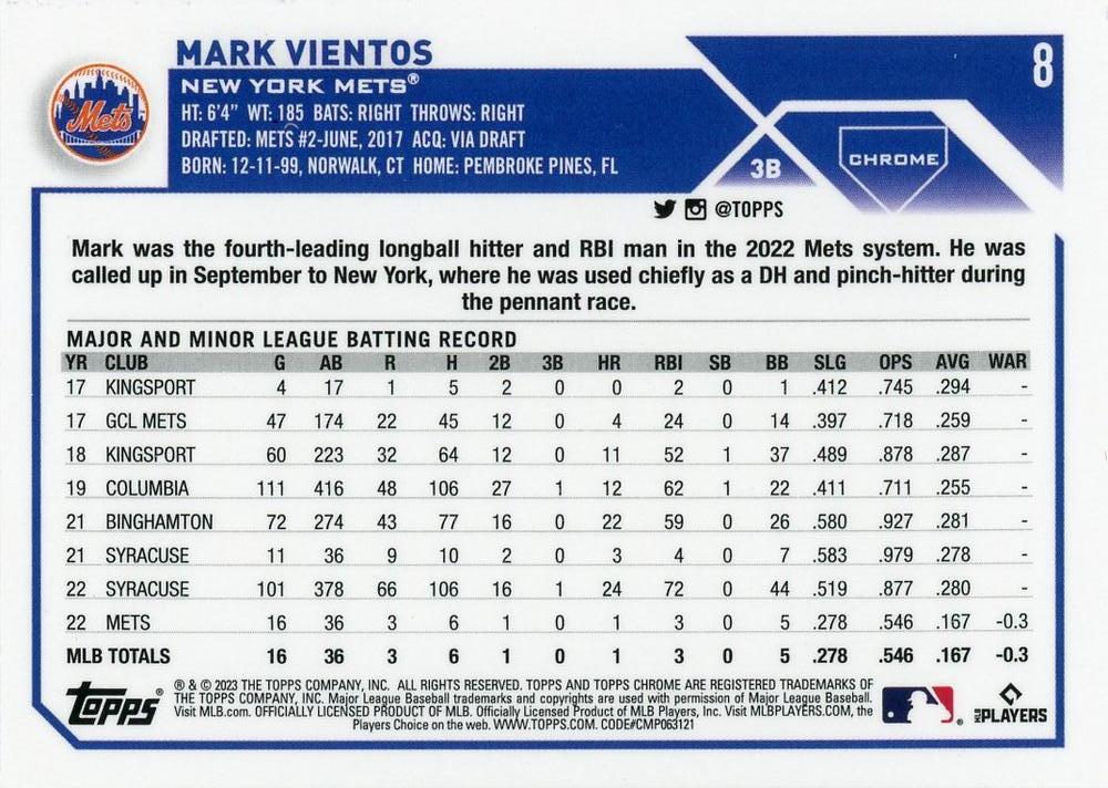 2023 Topps Chrome Mark Vientos RC #8 New York Mets