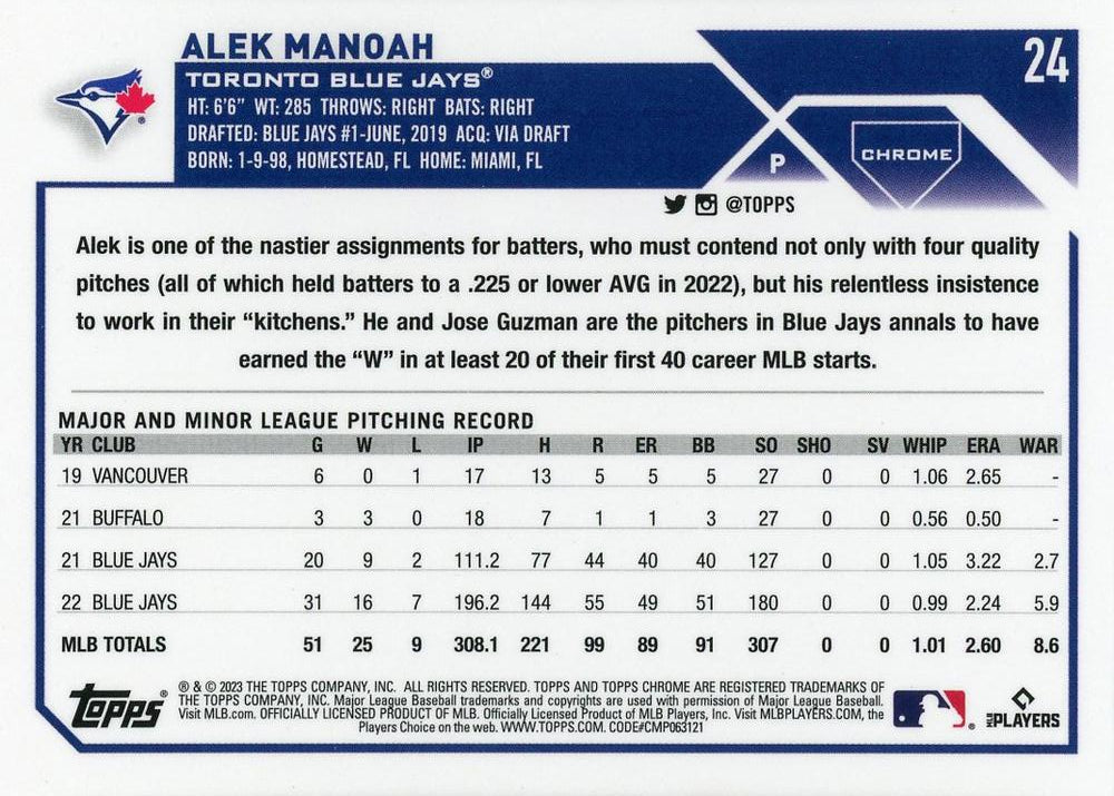 2023 Topps Chrome Alek Manoah #24 Toronto Blue Jays