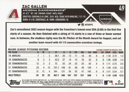 2023 Topps Chrome Zac Gallen #49 Arizona Diamondbacks