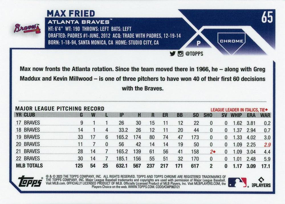 2023 Topps Chrome Max Fried #65 Atlanta Braves