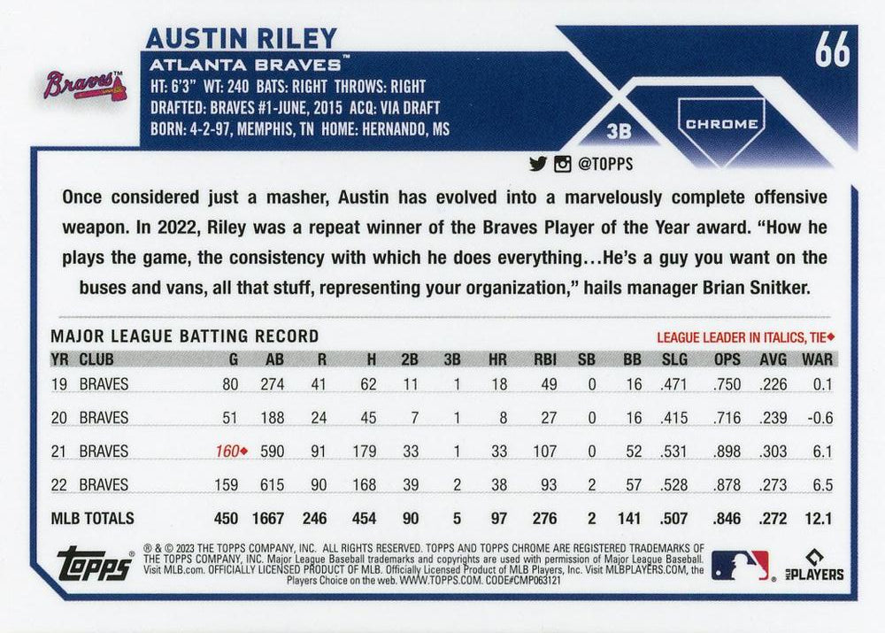 2023 Topps Chrome Austin Riley #66 Atlanta Braves