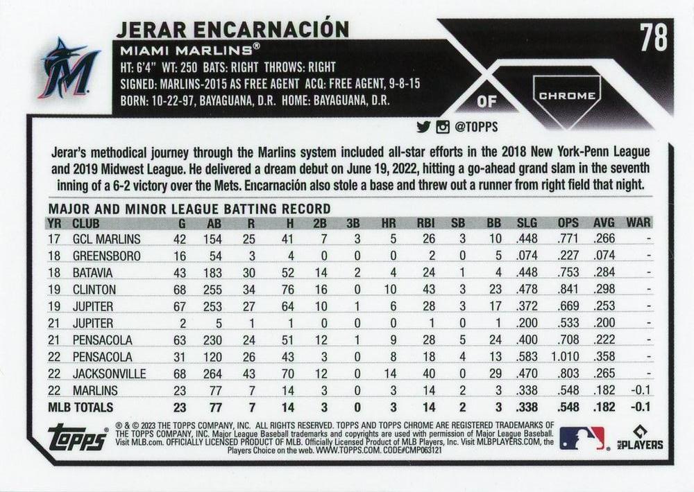 2023 Topps Chrome Jerar Encarnación #78 Miami Marlins