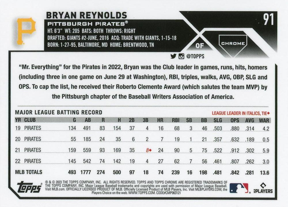 2023 Topps Chrome Bryan Reynolds #91 Pittsburgh Pirates