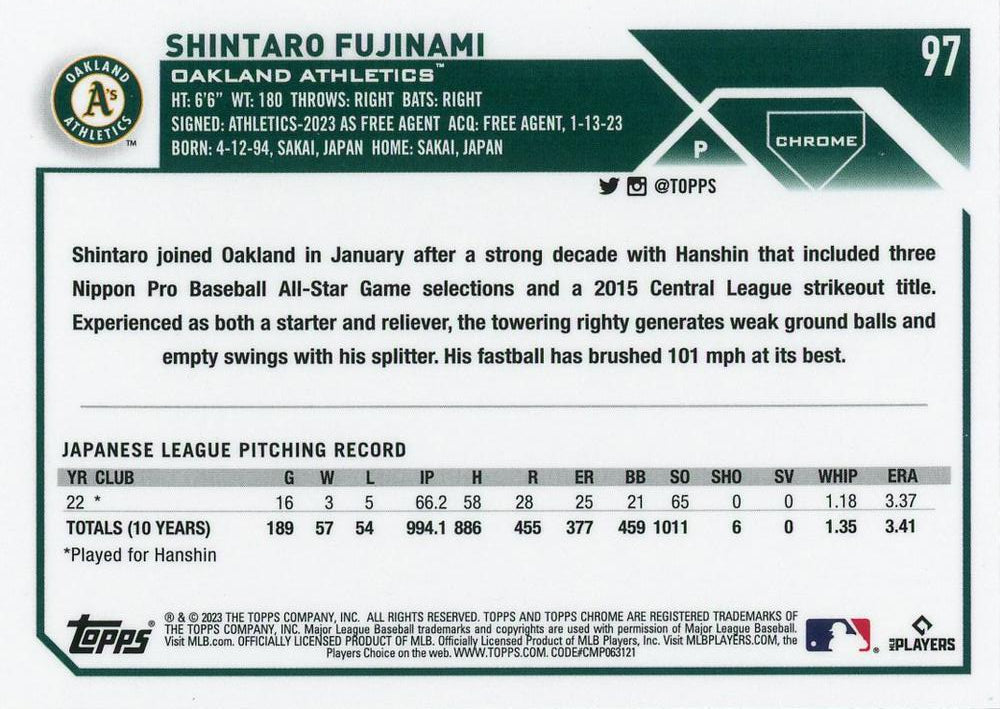 2023 Topps Chrome Shintaro Fujinami RC #97 Oakland Athletics