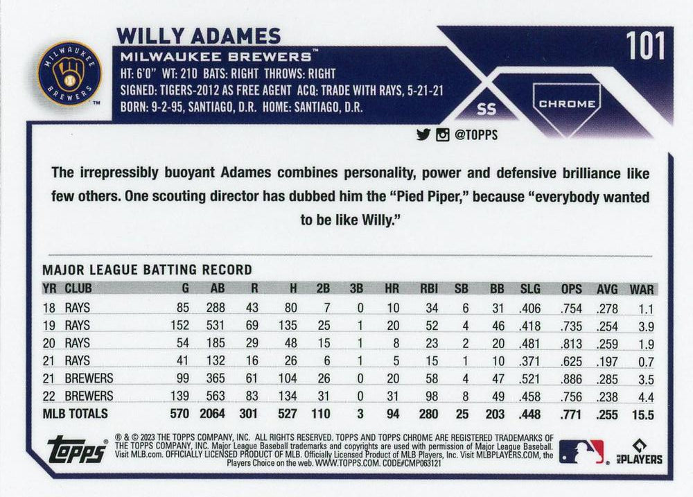 2023 Topps Chrome Willy Adames #101 Milwaukee Brewers
