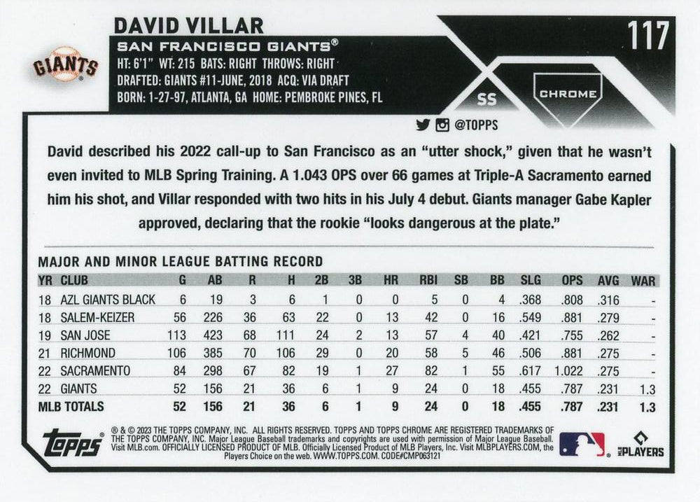 2023 Topps Chrome David Villar RC #117 San Francisco Giants
