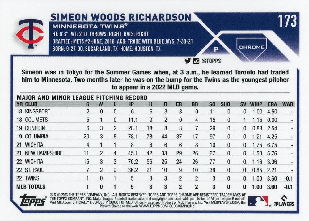 2023 Topps Chrome Simeon Woods Richardson RC #173 Minnesota Twins