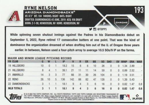 2023 Topps Chrome Ryne Nelson RC #193 Arizona Diamondbacks