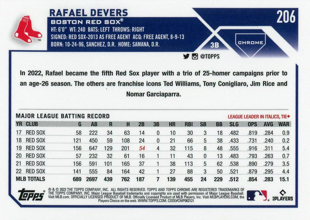 2023 Topps Chrome Rafael Devers #206 Boston Red Sox