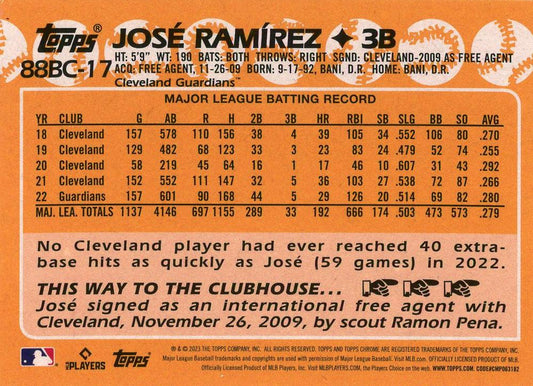 2023 Topps Chrome 1988 Topps Jose Ramirez 88BC-17 Cleveland Guardians