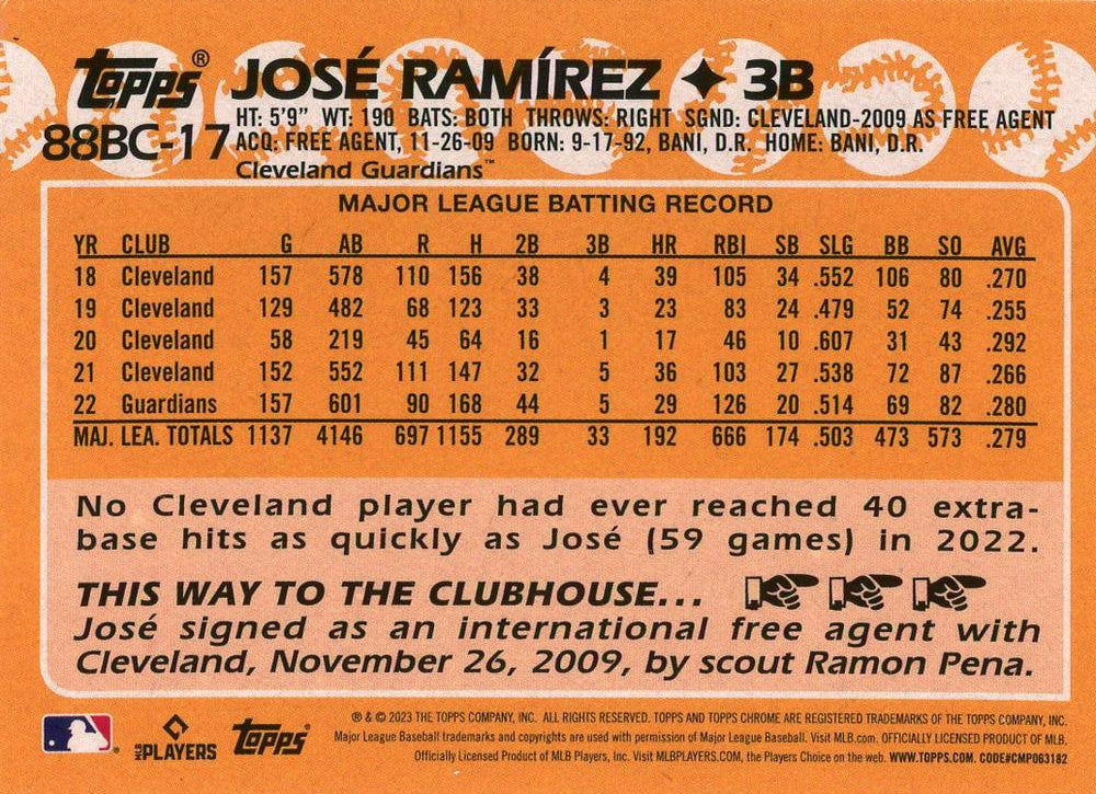 2023 Topps Chrome 1988 Topps Jose Ramirez 88BC-17 Cleveland Guardians