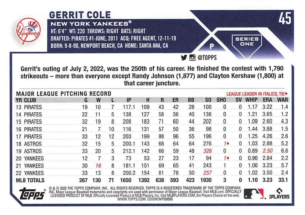 2023 Topps Gold Star Gerrit Cole #45 New York Yankees