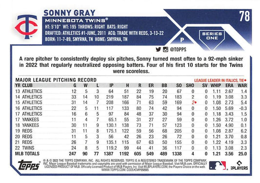 2023 Topps Gold Star Sonny Gray #78 Minnesota Twins