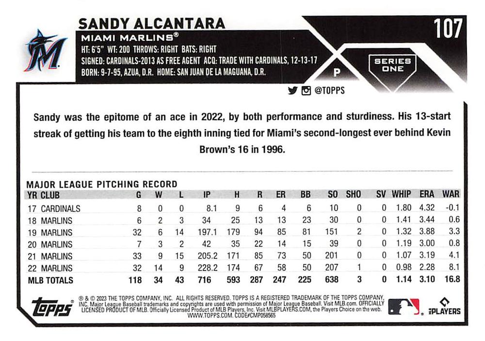 2023 Topps Gold Star Sandy Alcantara #107 Miami Marlins