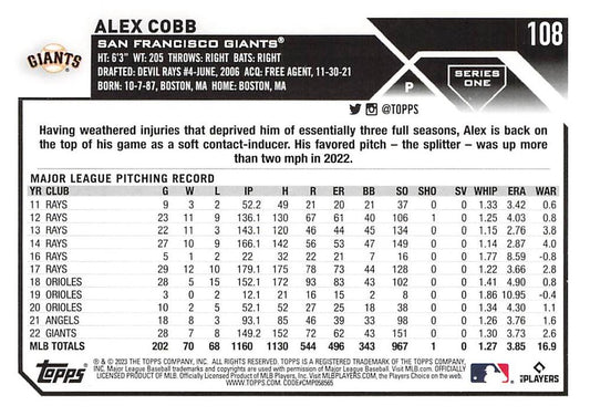 2023 Topps Gold Star Alex Cobb #108 San Francisco Giants