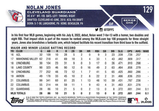 2023 Topps Gold Star Nolan Jones Rookie #129 Cleveland Guardians