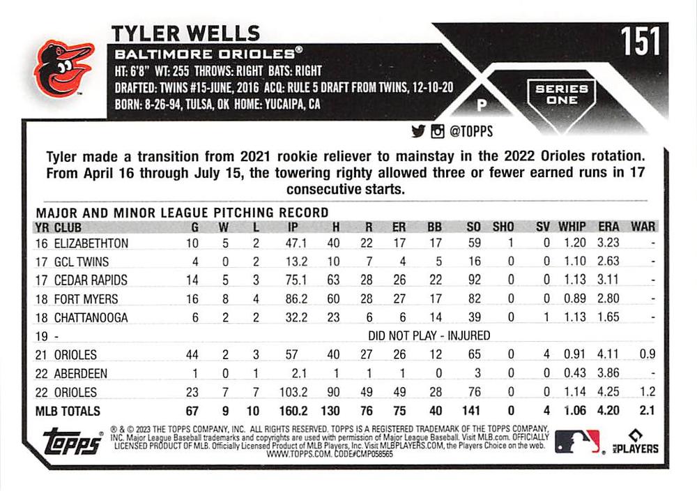 2023 Topps Gold Star Tyler Wells #151 Baltimore Orioles