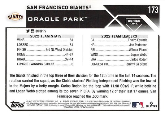 2023 Topps Gold Star San Francisco Giants Team Card #173 San Francisco Giants